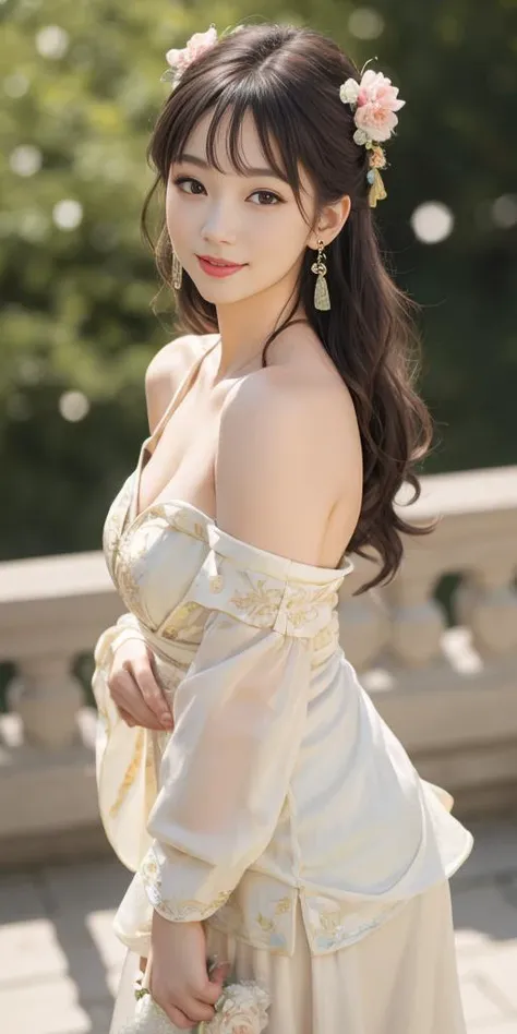 (looking at viewer,close in viewer:1.9),cleavage,small breasts,(beauty hair,ostentatious hair accessories,gorgeous hair accessories,light smile:1.15),1girl,light smile,happy,((((upper body,real face photo,bedroom background,background blur)))),big eyes,analog style,physically-based rendering,ultra-detailed,professional lighting, photon mapping,(outdoor,bokeh),(RAW photo, best quality, masterpiece:1.3), (realistic, photo-realistic:1.3),detailed facial features,slim girl,tassel, innocent, bangs,(pureerosface_v1:0.55) ,(ulzzang-6500-v1.1:0.75),(flower_style:0.05),<lora:bridal_hairstyle-10:0.1>,(bridal hairstyle:1.15),ear ring,hair bow,hair ring,bare shoulders, bare abdomen,cosplay style,(deep-V style hanfu with miniskirt:1.25),silk style,slim waist,a littie naked,narrow miniskirt,<lora:Song_HanFu:0.09>,<lora:tang_hanfu:0.09>, <lora:hanfu_v29:0.1>,<lora:hanfu_v28:0.1>,<lora:hanfu_v30:0.11>,<lora:hanfuMing30:0.1>,<lora:hanfuChineseWeddingDressWomen_v15:0.11>,(sexy pose),more colorful clothes,(high angle from top view,front view,look at viewer,real face photo:1.4),naked body with hanfu,