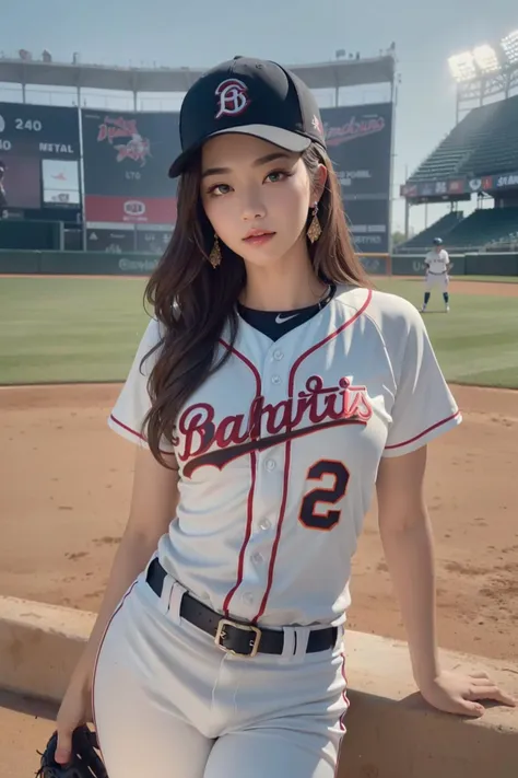 Baseball athletic, a young beautiful baseball batter, blue eyes, blushed, curvy body, small waist, thick thighs, standing Poses, seductive smile,
(long hair:1.3), (cat ears:1.3), (cat tail:1.3), fabulous hairstyles, (baseball cap, baseball pants, baseball jersey, baseball, Metal baseball cleats, baseball uniform, baseball bat,:1.3)
extremely detailed clothing, earrings, (ultra wide-angle baseball field background:1.3)
style of Inoue Takehiko and Rebecca Guay, extreme closeup portrait, lifelike, glamourous, audiences on the Stadium Seating, extreme detail irises, reflexive eyes retinas,
detailed eyebrows, detailed eyelashes, feminine hand, beautiful finger polished nails, professional makeup, exquisite body parts detailing, extremely intricate details, exquisite detail complexion, flossy skin complexion, extreme detail facial features,
extremely detailed environment, dust particles, sub surface scattering, perfect lighting, visual compositional, 
masterpiece, best quality, exquisite masterpiece, professional production, 
extremely exquisite detailed, hyper detailed, extremely high resolution, extremely high res, high resolution, highres, outdoor surrounding, extremely explicit details, extremely sharp focus,
HDR, DSLR, high dynamic color range, RAW Photo, 50mm lens, F/1.2, Shutter speed 1/200, ISO 50,