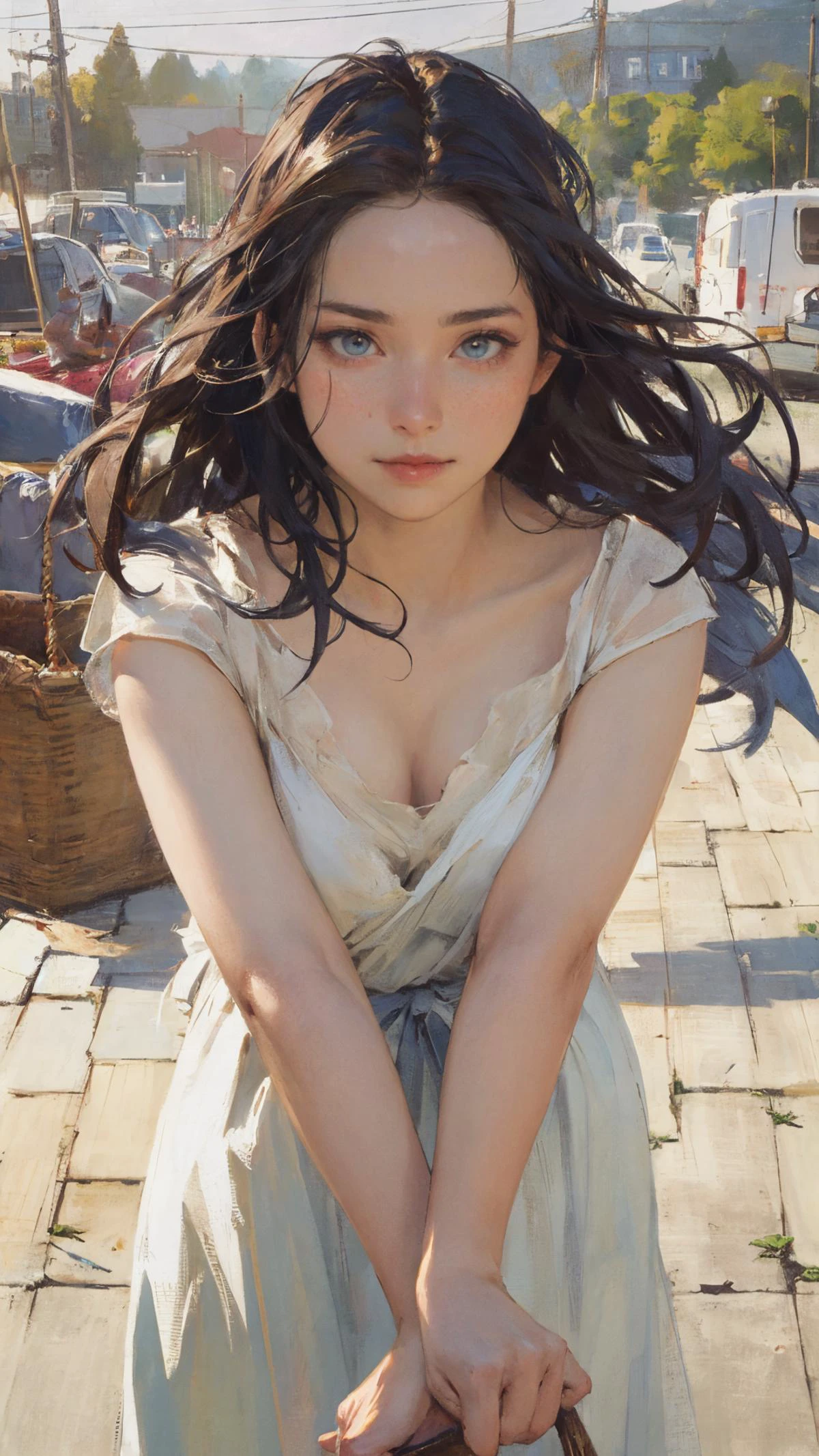 ((masterpiece:1.2, best quality:1.2)), highres, 8k, amazing, (realisticphoto:1.4), absurdres, Ultra-detailed depiction, (best shadow), (realistic skin texture, shiny skin), (perfect anatomy:1.4, perfect hand shape:1.5), (cinematic lighting), glowing eyes, glowing lips, delicate focus, lovely, dating pov, shiny day, joyful smile, squinting eyes,
BREAK
1girl, solo, falling, street side, multi-colored hair, long straight hair, flowing hair, blue eyes, holding basket, tear, casual dress, swing arms, reaching, cowboy shot, rural ville, focus on face, mauve cityscape, overdetailed art, leisure, hardcore, from above, sky,