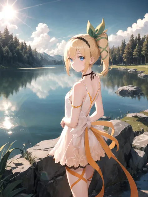 masterpiece, best quality, 1girl, solo, dsedna, blonde hair, short hair, side ponytail, blue eyes, hairband, ribbon, hair ribbon, dress, skirt, leg ribbon, choker, standing, lake, forest, scenery, detailed sky, detailed background, lens flare, cowboy shot, arms behind back
<lora:dsedna_lc_16:1>