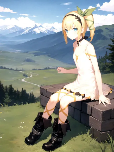 masterpiece, best quality, 1girl, solo, dsedna, blonde hair, short hair, side ponytail, blue eyes, hairband, ribbon, hair ribbon, dress, skirt, leg ribbon, choker, boots, sitting outdoors, mountains, detailed background
<lyco:dsedna_lc_768:1>