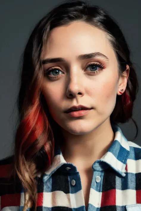 a photo of a olsen1 wearing checkered red and black shirt and blue jeans staring at the viewer, (checkered red and black shirt), (blue jeans),Highly Detailed,(close portrait:1.3),(Feminine:1.4),(beautiful:1.4),(attractive:1.3),calendar pose,perfectly detailed eyes,studio lighting,thematic background