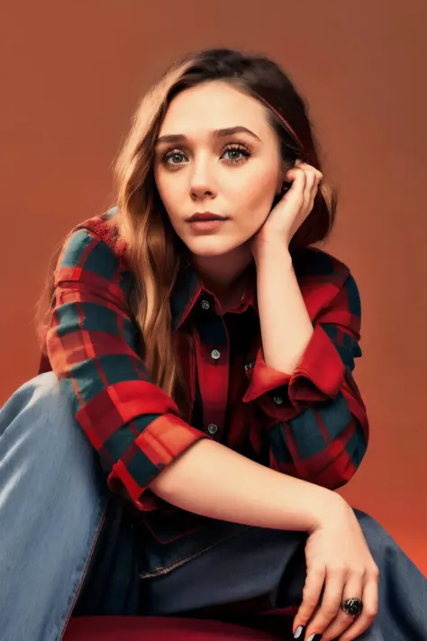 a photo of a olsen1 wearing checkered red and black shirt and blue jeans staring at the viewer, (checkered red and black shirt), (blue jeans),Highly Detailed,(close portrait:1.3),(Feminine:1.4),(beautiful:1.4),(attractive:1.3),calendar pose,perfectly detailed eyes,studio lighting,thematic background
