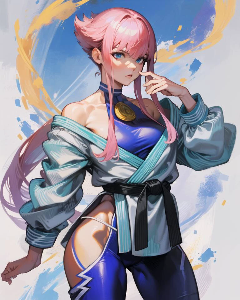 (masterpiece, best quality, high resolution),cowboy shot, solo, 1girl, manonms, off shoulder, white dougi, martial arts belt, halterneck,hip vent, bodysuit, <lora:ManonMS:1>