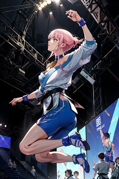 <lora:ManonMS:.8>, manonms, off shoulder, white dougi, martial arts belt, halterneck, hip vent, bodysuit, from side, leap, artistic, jump, stage, back lighting, theatre, solo, crowd