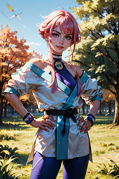 manonms,pink hair, white dougi,off shoulder, martial arts belt, halterneck,hip vent, bodysuit, looking at viewer, serious, smiling,
standing, hands on hips, outside, field, trees, autumn, blue sky, extreme detail, masterpiece, beautiful quality, <lora:Manon:.8>