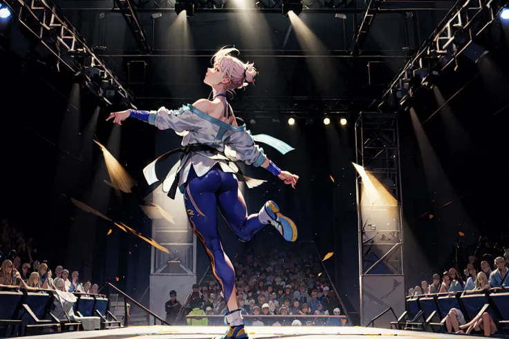 <lora:ManonMS:.8>, manonms, off shoulder, white dougi, martial arts belt, halterneck, hip vent, bodysuit, from side, leap, artistic, jump, stage, back lighting, theatre, solo, crowd