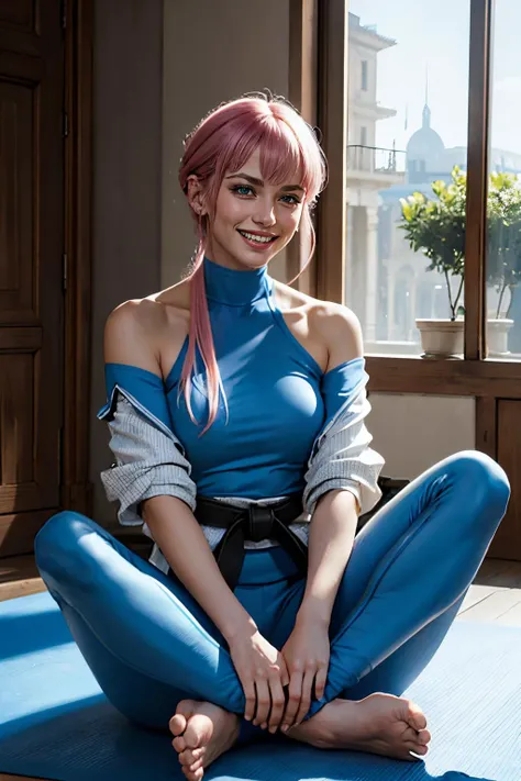manonms,white dougi,off shoulder, martial arts belt, halterneck,hip vent, bodysuit, looking at viewer, happy, laughing,
sitting, legs bent, hands on feet, inside, yoga class, extreme detail, masterpiece, beautiful quality, <lora:Manon:.7>
