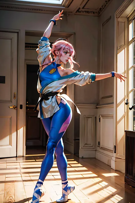 manonms,pink hair, white dougi,off shoulder, martial arts belt, halterneck,hip vent, bodysuit, looking serious,
ballet pose, full body shot, dancing, interior of a ballet room, mirrors, extreme detail, masterpiece, beautiful quality, <lora:Manon:.8>