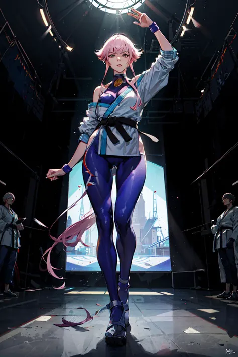 <lora:ManonMS:.8>, manonms, off shoulder, white dougi, martial arts belt, halterneck, hip vent, bodysuit, from below, foreshortening, supermodel, fashion show, backlit, silhouette, spotlight, solo, crowd, looking down at viewer, serious, disgusted look, full body