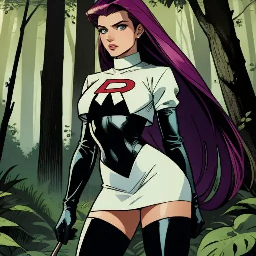 graphic novel comic illustration by Frank Miller, of upper body, sexy jessie, posing, <lora:TR_Jessie-DEF:0.75>, team rocket, long hair, slicked back, white crop top, white mini skirt, elbow gloves, thigh boots, makeup, skintight, bellybutton, standing in a forest, 2D, high contrast, deep shadows, crosshatching, inked lines, by Frank Miller, detailed, sharp, HD, HDR, 8K, best quality, best resolution