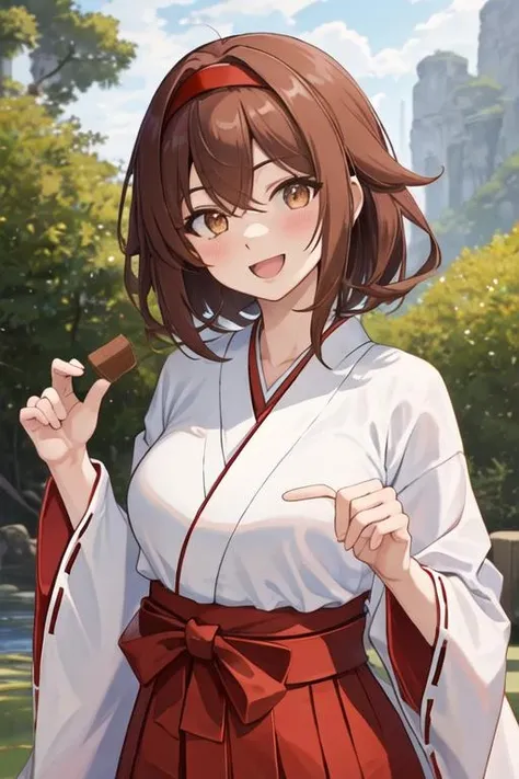 best quality, masterpiece, highres, solo, {white kimono:1.35}, {red hakama:1.35}, {wide sleeves:1.20}, {shiratsuyu_kantaicollection:1.15}, brown_hair, brown_eyes, hairband, red_hairband, smile, hair_flaps, long_hair, blush, serafuku, open_mouth, short_hair, hair_between_eyes, breasts