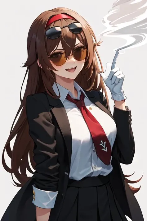 best quality, masterpiece, highres, solo, {black business suit:1.40}, {tie:1.20}, {sunglasses:1.25}, {white gloves:1.15}, {white shirt:1.10}, {black skirt:1.15}, {smoking:1.20}, handsome, {shiratsuyu_kantaicollection:1.15}, brown_hair, brown_eyes, hairband, red_hairband, smile, hair_flaps, long_hair, blush, serafuku, open_mouth, short_hair, hair_between_eyes, breasts