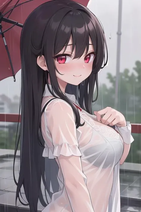 best quality, ultra detail,girl, blush,red eyes,outdoor,black longhair, white blouse, plits skirt,see-through,wet,rainy day,under roof, <lora:Transparent clothes_concept_v1.2:0.7>shy pose,,white lace bra <lora:surprised_v200:0.7>open mouth