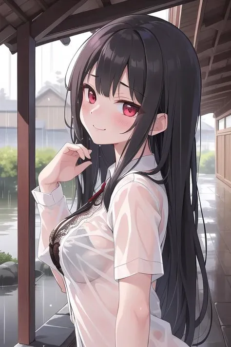 best quality, ultra detail,girl, blush,red eyes,outdoor,black longhair, white blouse, see-through,wet,rainy day,under roof, <lora:Transparent clothes_concept_v1.2:0.7>shy pose,evil smile,from above,white lace bra