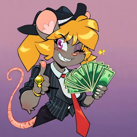 score_9, score_8_up, score_7_up, BREAK 1girl, solo, tootsie, , animal ears, mouse girl, mouse tail, grey fur, blonde hair, medium hair, twintails, spiky hair, medium breasts, <lora:TootsieRoswellPDXL_V1-Manityro-CAME:1.0>, BREAK, <lora:gangstersb-guy-PONYv1:1>, gangstersb, thumbs up, one eye closed, grin, smile, money, holding money, portrait, cropped torso, ring, formal, hat, necktie, suit, striped, solo