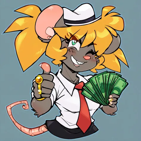 score_9, score_8_up, score_7_up, BREAK 1girl, solo, tootsie, , animal ears, mouse girl, mouse tail, grey fur, blonde hair, medium hair, twintails, spiky hair, medium breasts, <lora:TootsieRoswellPDXL_V1-Manityro-CAME:1.0>, BREAK, <lora:gangstersb-guy-PONYv1:1>, gangstersb, thumbs up, one eye closed, grin, smile, money, holding money, portrait, cropped torso, ring, formal, hat, necktie, suit, striped, solo