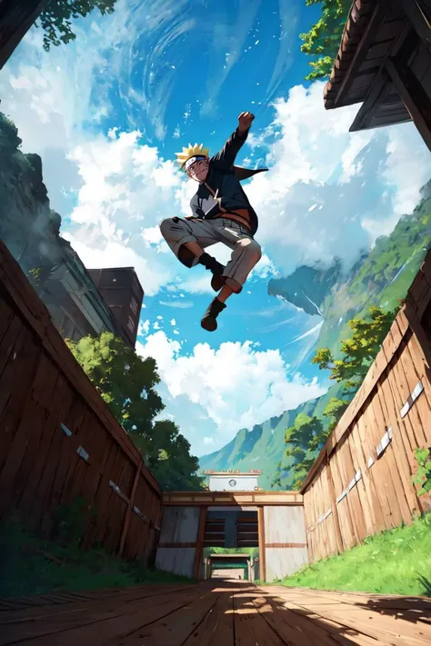 (masterpiece, best quality, ultra detailed), delicate pattern, detailed background, super fine concept art, fisheye lens, at dawn, from below,
1boy, smile, uzumaki naruto, <lora:Naruto:0.8>,
parkour, <lora:Parkour:0.8>,
konohavillage konoha gate walls, cable, tree, forest, zebra cross, cloudy sky, cloud, <lora:ARWKonohaVillage:0.8>,
motion blur, emphasis line,