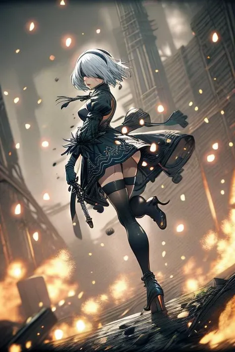2B Nier Automata,white hair, puffy sleeves, short hair, long sleeves, juliet sleeves, parted lips, black thighhighs, black gloves,
yorha no. 2 type b, nier2b, 2b
<lora:DaoTe_20231025031731:0.8>
1 girl, solo, parkour, parkour, motion blur,
<lora:Parkour:0.5>
<lora:more_details:1>
