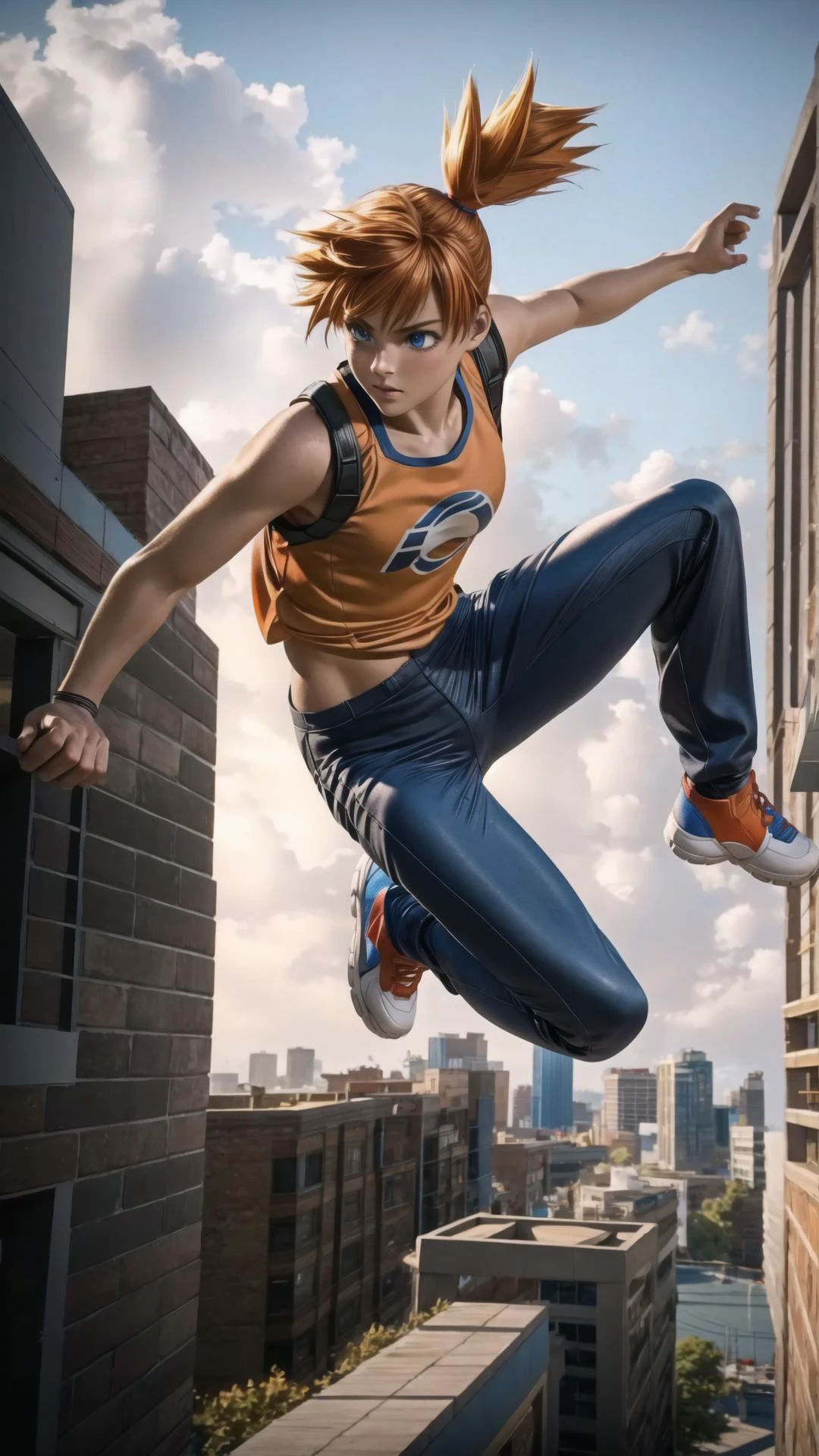 <lora:misty_pokemon:0.9> misty pokemon, 1girl, short hair, orange hair, side ponytail, blue eyes, BREAK, <lora:Parkour-09:0.7> parkour, jumping, in air, masterpiece, best quality, extremely detailed, highly quality, 4k, sharp focus, professional, sharp focus, award winning, cinematic lighting, octane render, unreal engine, volumetrics dtx, Wallpaper,
