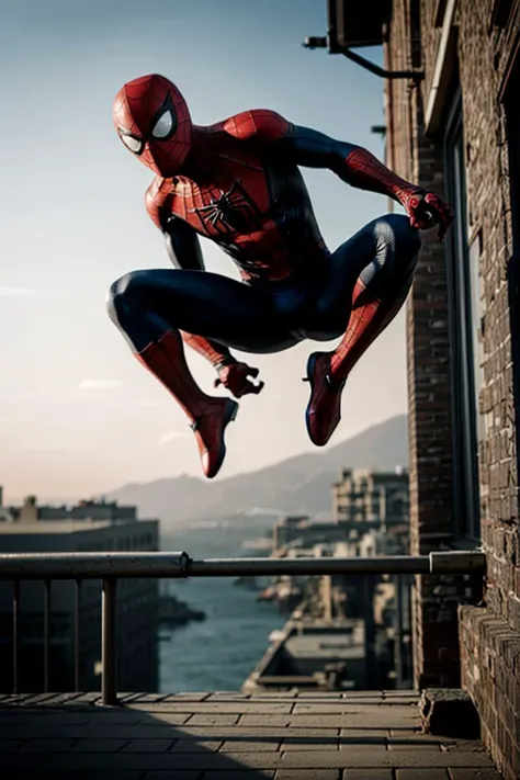 spiderman, solo, <lora:Parkour-09:0.4> parkour, parkour, motion blur, spiderman, photorealistic full-body shot, leaping through the air, day, dynamic composition, dramatic lighting, intricate details, masterpiece, best quality, realistic, Highest Quality, (diffused soft light), dramatic lighting, highly detailed photo,