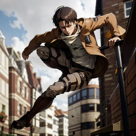 1 guy, <lora:Parkour-09:0.6> parkour, parkour, motion blur, spider suit, , brown jacket, white pants, black boots <lora:Levi Ackermann:0.8> levi ackermann