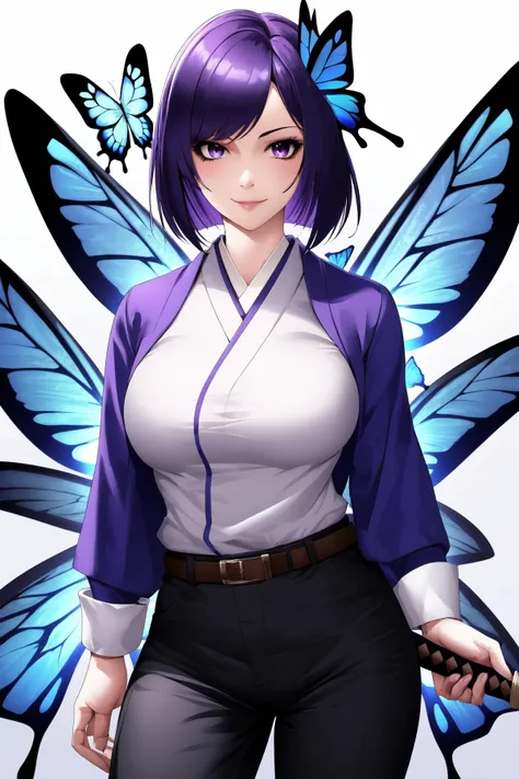 1girl, solo, looking at viewer, smile, short hair, large breasts, black hair, hair ornament, long sleeves, closed mouth, purple eyes, purple hair, japanese clothes, belt, pants, sword, uniform, lips, parted bangs, black pants, katana, bug, animal print, butterfly, butterfly hair ornament, haori, blue butterfly, demon slayer uniform, kochou shinobu,(realistic),(shiny skin:1.14),(mature female:1.6),(masterpiece:1.2),(best quality:1.2), <lora:liangxing-v1-nai-9ep-resize:0.9>
