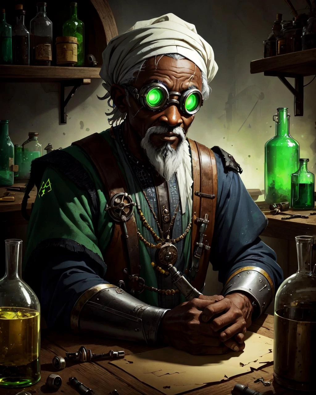 (man, old nigerian male:1.2), wise, coral eyes, silver hair, mid-fade looking at viewer, solo, (full body:0.6), detailed background, detailed face, (<lora:ToxicPunkAI:0.6>, ToxicPunkAI theme :1.1), medieval alchemist, goggles, workshop in background, alchemical implements, metal container, beakers, posion, magnets, small (flame:0.7), philosophers stone, blueprint, alchemical fomula, glowing magical runes, technology, magical fantasy atmosphere, occult , ,, (masterpiece:1.2, best quality:1.2, high quality, highres:1.1, aesthetic), extremely detailed, ambient lighting,
