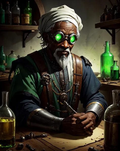 (man,  old nigerian male:1.2), wise, coral eyes, silver hair, mid-fade  looking at viewer, solo, (full body:0.6), detailed background, detailed face, (<lora:ToxicPunkAI:0.6>, ToxicPunkAI theme :1.1), medieval alchemist, goggles, workshop in background, alchemical implements, metal container,   beakers, posion, magnets, small (flame:0.7), philosophers stone,  blueprint, alchemical fomula, glowing magical runes, technology, magical fantasy atmosphere, occult , ,, (masterpiece:1.2, best quality:1.2, high quality, highres:1.1, aesthetic), extremely detailed, ambient lighting,