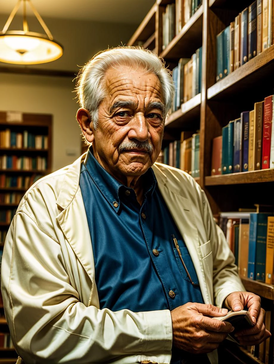 best quality, masterpiece, cowboy shot, (mature old palestinian:1.3) man, (skindentation:1.3), (detailed wrinkled face), (fat:1.1), aquamarine eyes, white hair, mid-fade , A kind-hearted librarian with an affinity for books.
