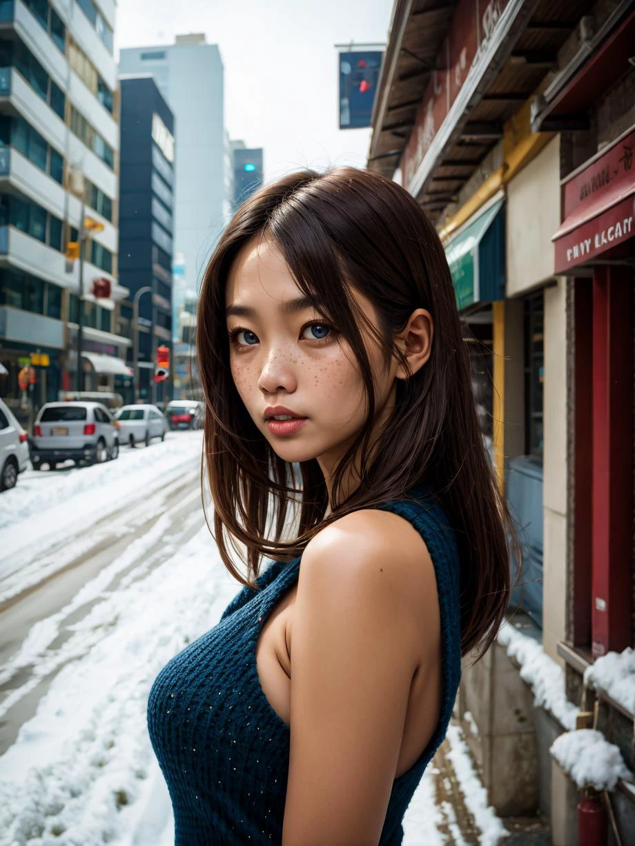 best quality, masterpiece, skinny (adult indonesian:1.2) woman, freckles, grey-blue eyes, dark brown layered hair , urban landscape snowfield
