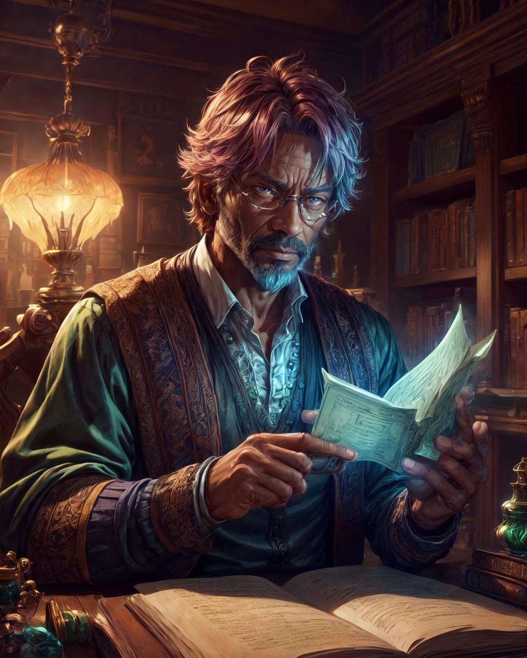 man, muscular (adult nigerian male:1.1), pink eyes, light brown hair, straight hair portrait, solo, half shot, looking at viewer, detailed background, detailed face, intricate details, (<lora:AbsinthePunkAI:0.5>, AbsinthePunkAI theme:1.1) scholar sitting at desk, scholar robes, writing, concentrating, clutter, surrounded by books, papers, maps, scrolls, abacus, ledger, formulas, magic emerging from text, (style-swirlmagic:1.0), intelligence, thought, library in background, mysterious atmosphere, , (best quality, masterpiece:1.2), 8k detailed cgi render, oil painting, strong shadows, <lora:add_detail:1.00>