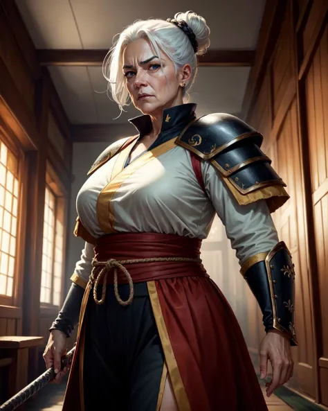 (mature old spanish:1.3) woman, (skindentation:1.3),  (detailed wrinkled face),  (very fat:1.3), green eyes, white hair, bun hair,  solo, (full body:0.6), looking up, detailed background, detailed face, (high fantasy medieval theme:1.1), samurai, orange samurai armor,  dynamic pose, angry,   dojo in background, wind, cinematic atmosphere,, (masterpiece:1.2, best quality:1.2, high quality, highres:1.1, aesthetic), extremely detailed, ambient lighting,