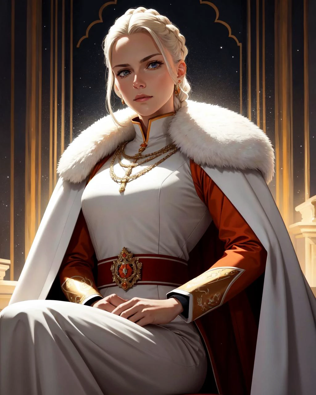 woman, (muscular) (adult polish:1.2) woman, grey eyes, platinum blonde dutch braid portrait, focus on character, looking up, solo, (full body:0.7), detailed background, detailed face, (militarist authoritarian dictator theme:1.1), royal imperial monarch, aristocratic, floating particles, light particles, sitting on floor, royal garden background, symmetrical composition, sidelighting, cinematic atmosphere, long orange cape, jewels, ,, (masterpiece:1.2, best quality:1.2, high quality, highres:1.1, aesthetic), extremely detailed, ambient lighting,