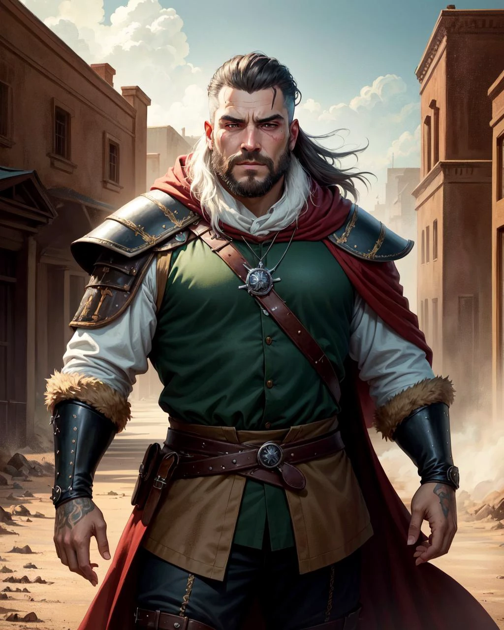 (fat:0.9) (adult french man:1.1), green eyes, medium brown hair, high-fade, solo, (full body:0.6), looking at viewer, detailed background, detailed face, (arid desert middle-eastern theme:1.1), focus on eyes, glowing eyes, witcher, adventurer, wearing red scaled witcher clothes, battle-worn, bloodstains, billowing cloak trinkets, witcher gear, griffin witcher symbol, aggressive stance, glowing tattoos, haunted mansion in background, mist, tense action, magical aura, mystical atmosphere,, (masterpiece:1.2, best quality:1.2, high quality, highres:1.1, aesthetic), extremely detailed, ambient lighting,