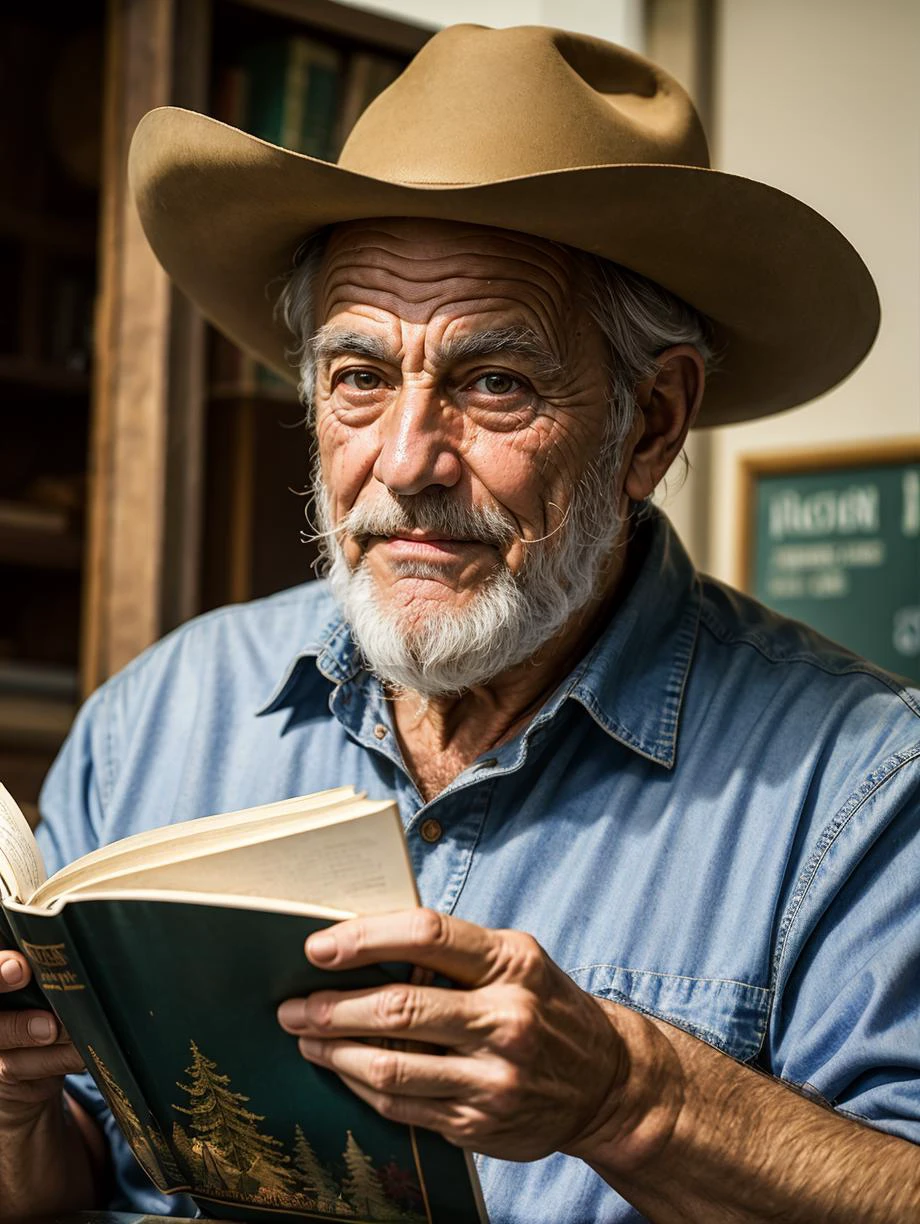 best quality, masterpiece, cowboy shot, (mature old italian:1.3) man, (skindentation:1.3), (detailed wrinkled face), muscular, brown eyes, gray hair, short beard , An aspiring writer who spends their free time reading and observing people.