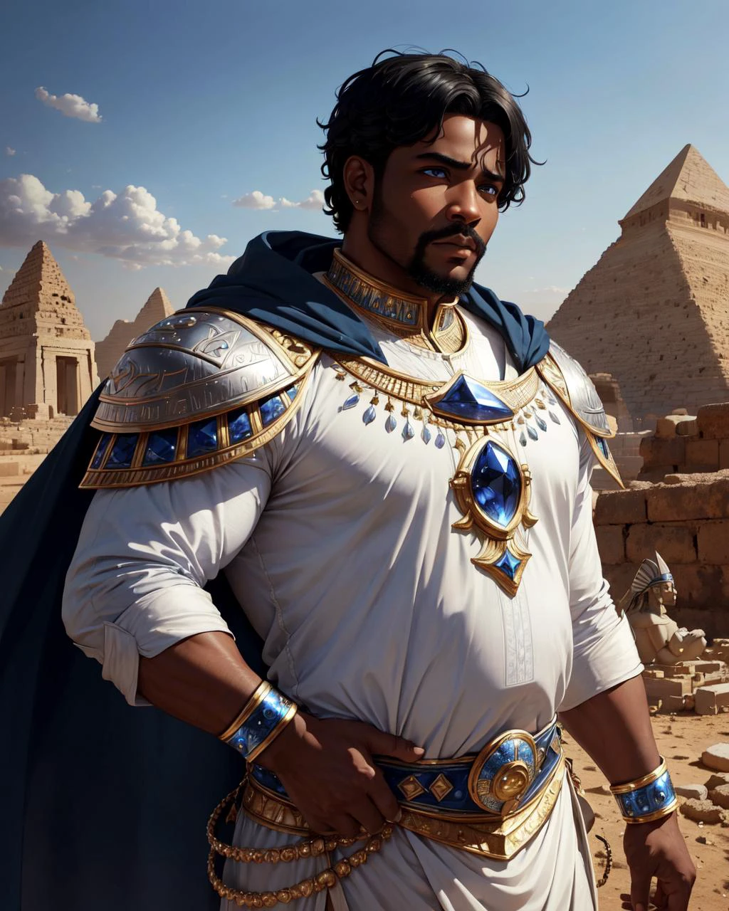(man, (chubby:0.9) adult nigerian male:1.1), grey-blue eyes, black hair, short hair looking down, solo, half shot, detailed face, (<lyco:DecorationBundlev2:0.6>, SilverSapphireAI theme:1.1) martyr, dynamic pose, flowing hair, cape, egyptian mythology, height of ancient egypt, desert, white marble pyramids, egyptian hieroglyphs, classical era, river in background, epic atmosphere, ,, (masterpiece:1.2, best quality:1.2, high quality, highres:1.1, aesthetic), extremely detailed, ambient lighting,