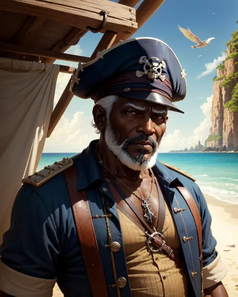 (man, old nigerian male:1.2), fat, black eyes, white hair, spiky hair, focus on character, portrait, (battlescars:0.7), looking down, solo, half shot, detailed background, ( 1920s art deco theme:1.1), pirate, rich brown pirate captain uniform, eyepatch, rutheless, dynamic pose, sypglass, tropical beach, shacks, camp, outpost, sand, peaceful, sunlight, treasure, sunset, cinematic atmosphere,, (masterpiece:1.2, best quality:1.2, high quality, highres:1.1, aesthetic), extremely detailed, ambient lighting,