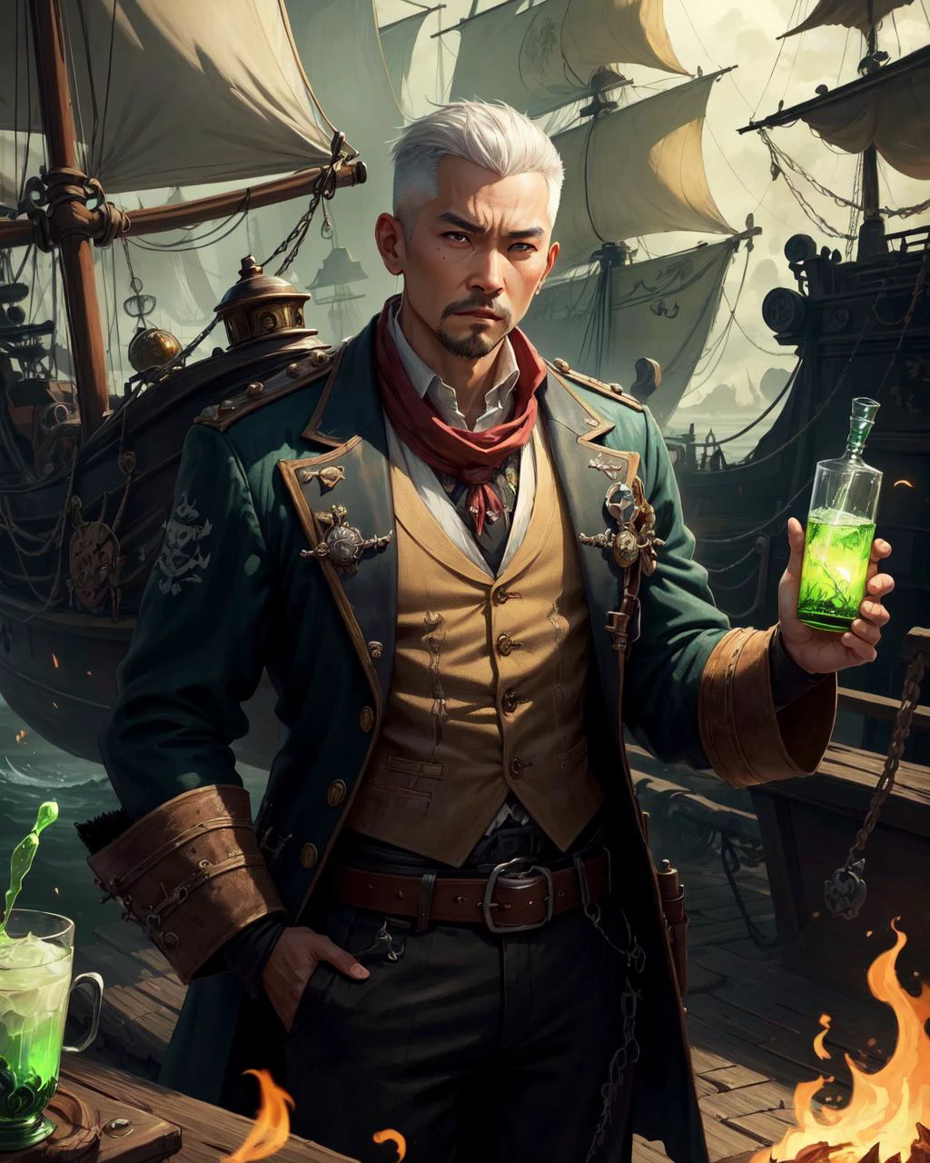 thin (adult chinese man:1.1), grey eyes, white hair, buzz cut, focus on character, portrait, (battlescars:0.7), looking up, solo, (full body:0.6), detailed background, (<lora:AbsinthePunkAI:0.5>, AbsinthePunkAI theme:1.1), outlaw, elaborate pirate sailor outfit, bandana, determined, standing, treasure map, high seas, wooden deck of a ship, black tattered sails, muskets, maelstrom, rum, fantasy atmosphere,, (masterpiece:1.2, best quality:1.2, high quality, highres:1.1, aesthetic), extremely detailed, ambient lighting,