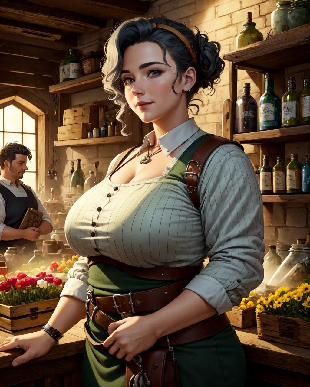 woman, (chubby:0.9) (adult welsh:1.2) woman, coral eyes, gray quiff hair looking down, solo, upper body, detailed background, detailed face, (<lora:ToxicPunkAI:0.6>, ToxicPunkAI theme:1.1), warm smile, dynamic pose, shop owner, (light green:0.8) simple merchant clothes, pouches, belts, busy (medieval market stall:1.1), (crates:0.8), selling wide variety of flowers, lavenders, roses, tulips, lilies, stack of coins,,, (masterpiece:1.2, best quality:1.2, high quality, highres:1.1, aesthetic), extremely detailed, ambient lighting,