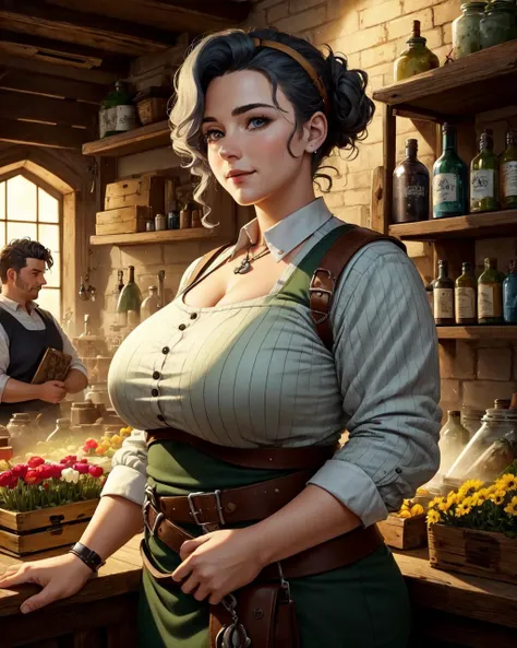 woman, (chubby:0.9) (adult welsh:1.2) woman,  coral eyes, gray quiff hair  looking down, solo, upper body, detailed background, detailed face, (<lora:ToxicPunkAI:0.6>, ToxicPunkAI theme:1.1), warm smile, dynamic pose, shop owner, (light green:0.8) simple merchant clothes,  pouches, belts, busy (medieval market stall:1.1),  (crates:0.8),    selling wide variety of flowers, lavenders, roses, tulips, lilies, stack of   coins,,, (masterpiece:1.2, best quality:1.2, high quality, highres:1.1, aesthetic), extremely detailed, ambient lighting,