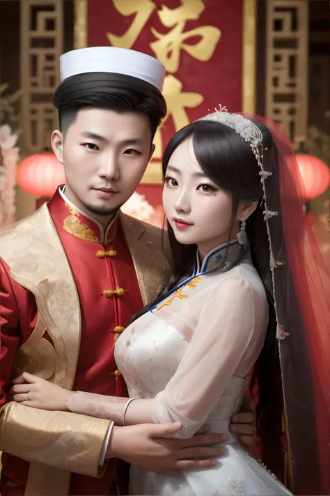 (chinese couple), wedding portrait, masterpiece, 8k, high resolution, shallow depth of field, sharp focus