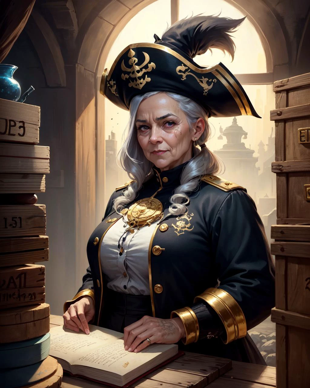 (mature old swedish:1.3) woman, (skindentation:1.3), (detailed wrinkled face), (very fat:1.3), silver eyes, gray hair, ponytail, focus on character, portrait, (battlescars:0.7), looking down, solo, upper body, detailed background, (<lyco:DecorationBundlev2:0.6> EbonyGoldAI theme:1.1), evil sailor, tattoos, simple gray pirate captain outfit, tricorn hat, cunning smile, sypglass, dark pirate cave, stacks of loot, flying gold coins, heaps of gold coins, wooden crates, weapons, rum, dark shadows, cinematic atmosphere,, (masterpiece:1.2, best quality:1.2, high quality, highres:1.1, aesthetic), extremely detailed, ambient lighting,