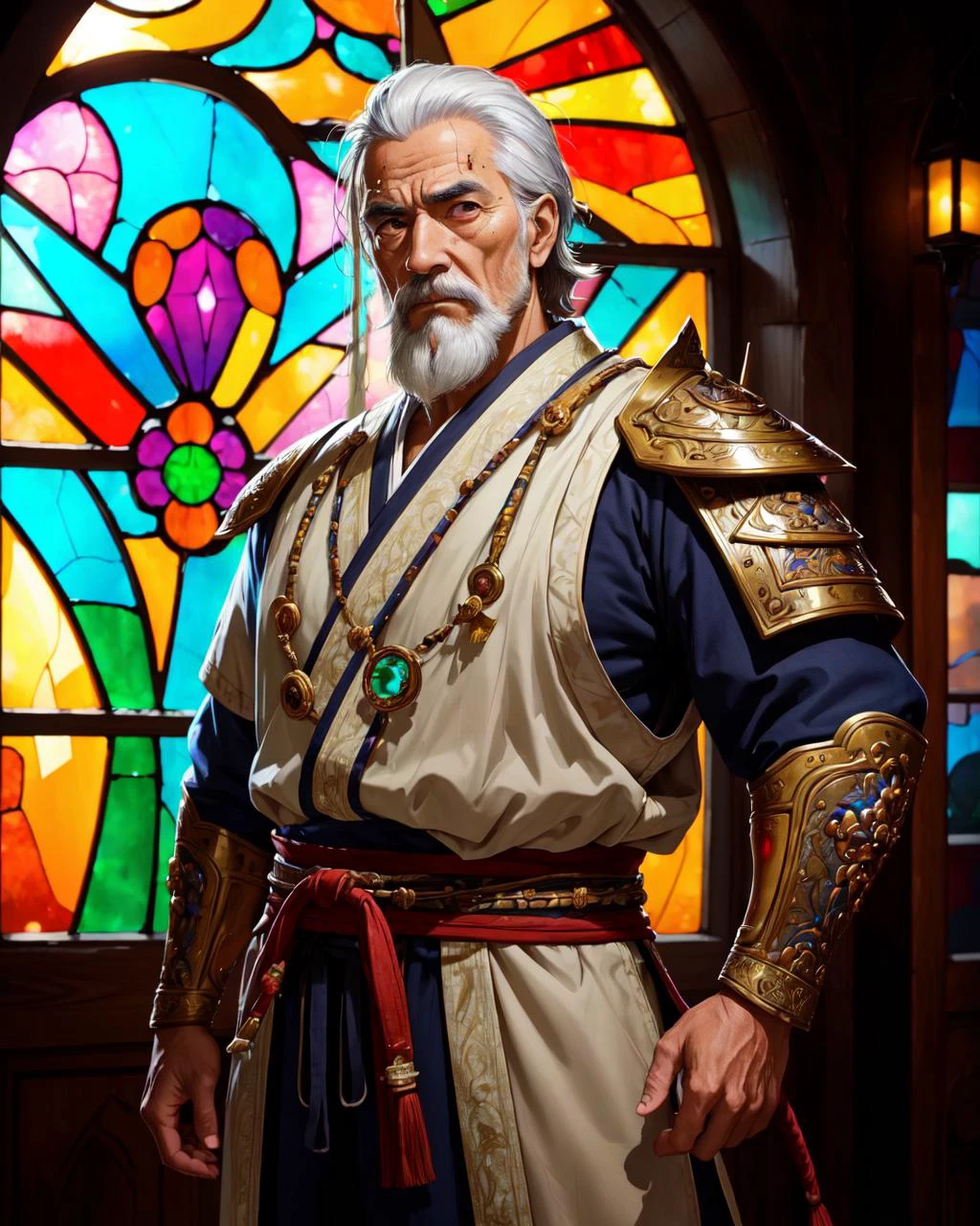 (man, old spanish male:1.2), frail, jade eyes, graying hair, thin beard solo, half shot, looking at viewer, detailed background, detailed face, (<lyco:DecorationBundlev2:0.6>, stainedglassai, stained glass theme:1.1), ronin, red samurai armor, dynamic pose, calm, dojo in background, cinematic atmosphere,,, (masterpiece:1.2, best quality:1.2, high quality, highres:1.1, aesthetic), extremely detailed, ambient lighting,