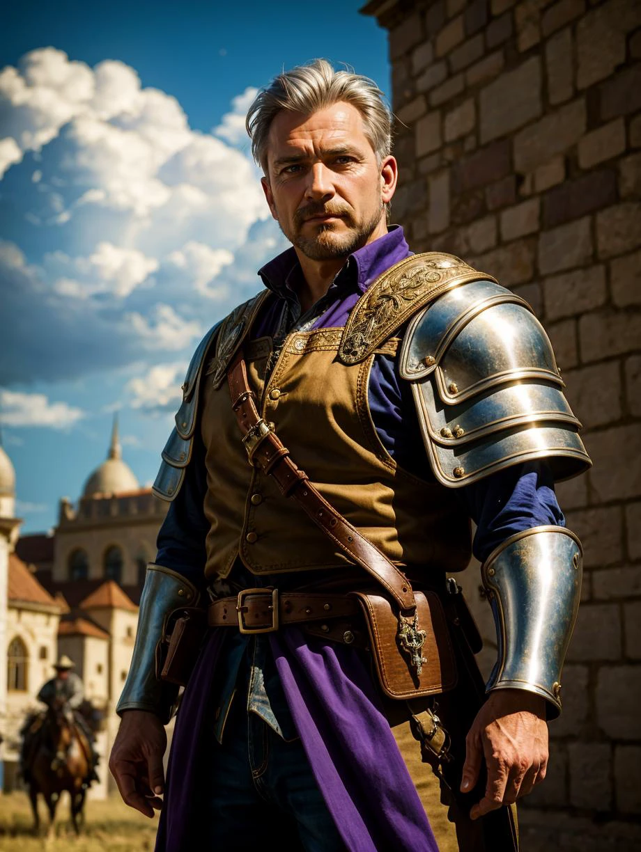 best quality, masterpiece, cowboy shot, masculine (adult hungarian man:1.1), purple eyes, silver hair, comb over , A brave warrior who defended their kingdom from invaders and became a legend in the process.