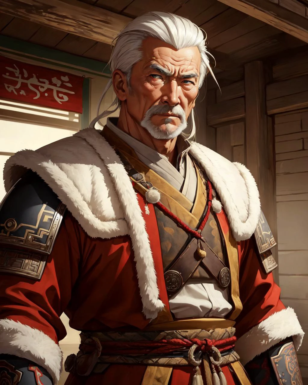 (man, old welsh male:1.2), wise, hazel eyes, white hair, slick back, portrait, solo, upper body, looking at viewer, detailed background, detailed face, (<lora:MongolPunkAI:0.6>, MongolPunkAI, mongolian theme:1.1), shogun, red samurai armor, aggressive expression, samurai crest, battlefield in background, cinematic atmosphere,, (masterpiece:1.2, best quality:1.2, high quality, highres:1.1, aesthetic), extremely detailed, ambient lighting,