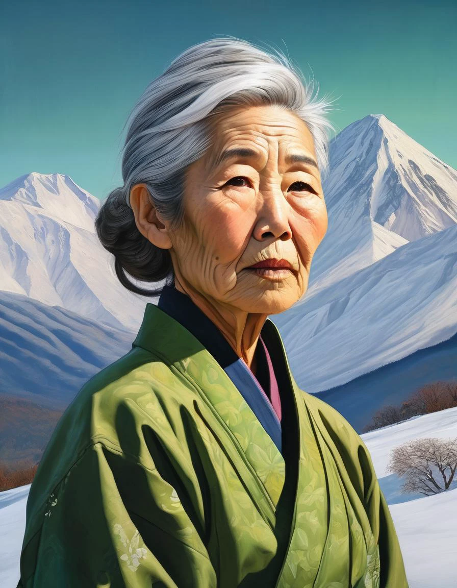 (mature old japanese:1.3) woman, (skindentation:1.3), (detailed wrinkled face), (very skinny:1.3), green eyes, gray hair, short hair, snowy peak, white-capped summit, wintry landscape, (Extremely Detailed Oil Painting:1.1), glow effects, godrays, Hand drawn, render, 8k, octane render, Sharp focus, big depth of field, Masterpiece, 4k, concept art, hyperrealistic, Vivid colors, Intricate, High Detail, absurdes
