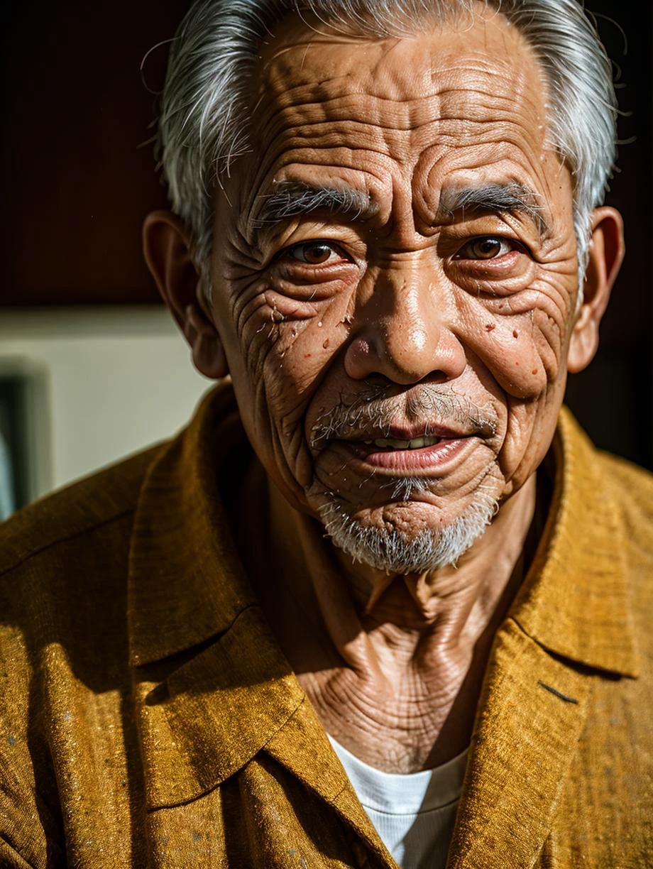 best quality, masterpiece, (mature old indonesian:1.3) man, (skindentation:1.3), (detailed wrinkled face), (fat:1.1), red eyes, graying hair, short beard , fumigant