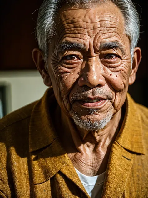 best quality, masterpiece, (mature old indonesian:1.3) man, (skindentation:1.3),  (detailed wrinkled face), (fat:1.1), red eyes, graying hair, short beard ,  fumigant