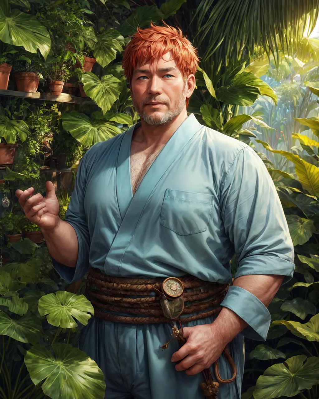man, (chubby:0.8) (adult japanese male:1.1), light blue eyes, copper hair, short hair focus on character, portrait, solo, (full body:0.6), looking up, detailed background, detailed face, (tropical jungle theme:1.1), working, botanical researcher, planters, greenery, blooming flowers, floating plants, magic, green magical energy, elemental magic, green color scheme, lotus, herbs, seeds, science, botanical laboratory in background, sunshine, magical atmosphere, , (best quality, masterpiece:1.2), 8k detailed cgi render, oil painting, strong shadows, <lora:add_detail:1.00>